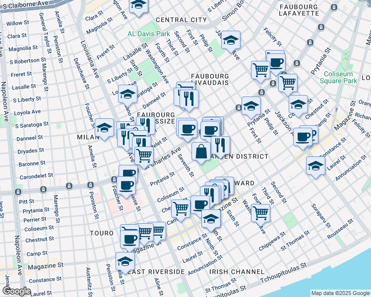 map of restaurants, bars, coffee shops, grocery stores, and more near 1530 Sixth Street in New Orleans