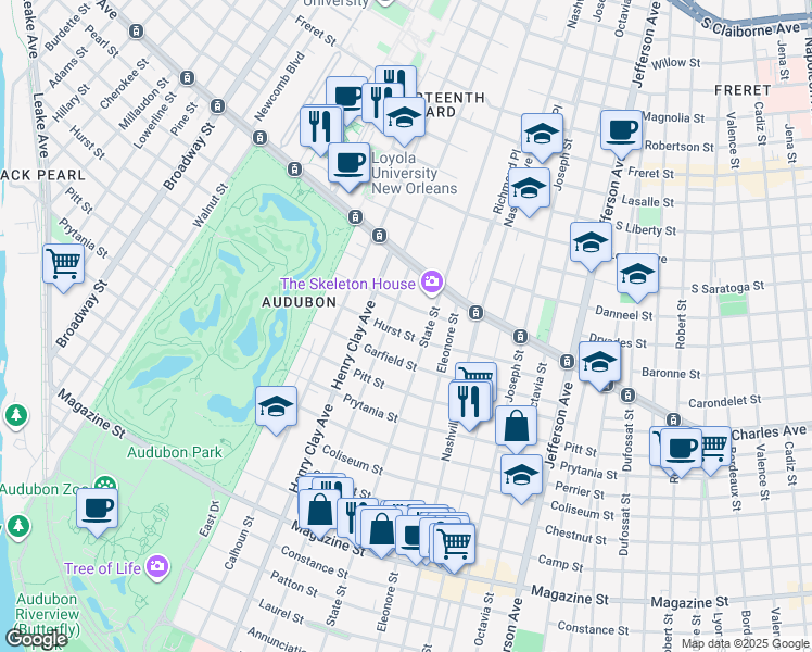 map of restaurants, bars, coffee shops, grocery stores, and more near 1461 Webster Street in New Orleans