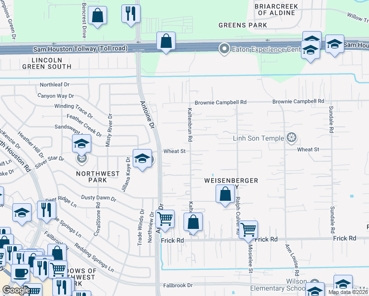 map of restaurants, bars, coffee shops, grocery stores, and more near 3406 Wheat Street in Houston