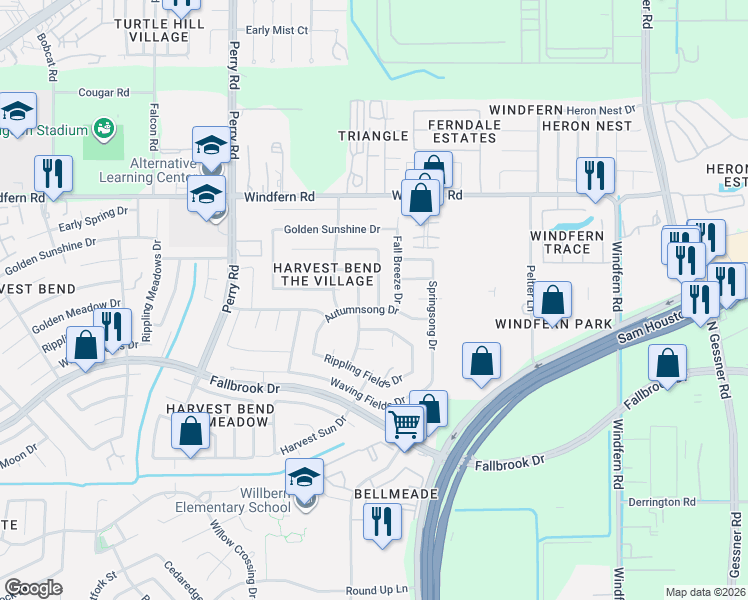 map of restaurants, bars, coffee shops, grocery stores, and more near 9155 Autumnsong Drive in Houston