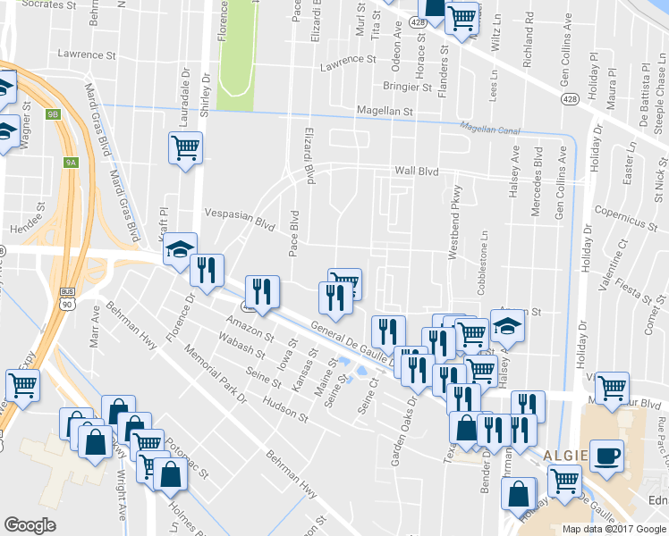 map of restaurants, bars, coffee shops, grocery stores, and more near 2240 Murl Street in New Orleans