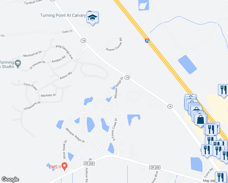 map of restaurants, bars, coffee shops, grocery stores, and more near 125 Whisper Ridge Drive in St. Augustine