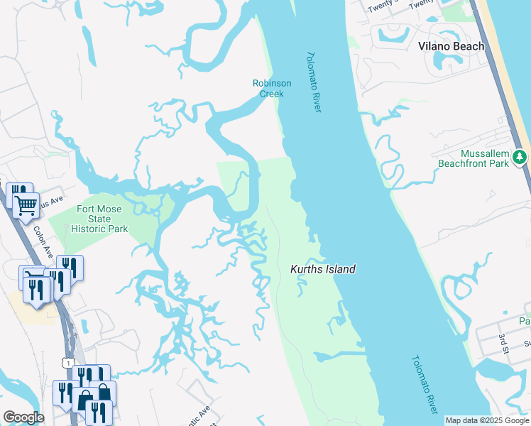 map of restaurants, bars, coffee shops, grocery stores, and more near 3423 Lands End Drive in St. Augustine