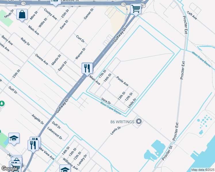 map of restaurants, bars, coffee shops, grocery stores, and more near 1600 Main Avenue in Port Arthur