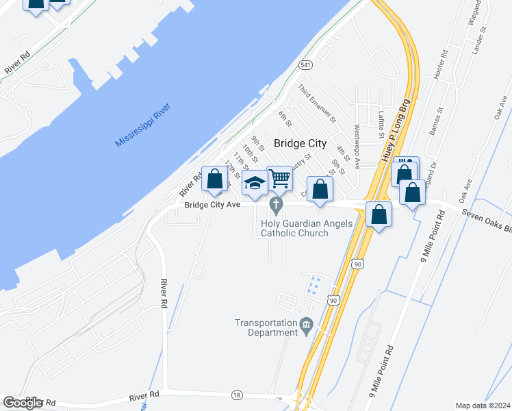map of restaurants, bars, coffee shops, grocery stores, and more near 1805 Bridge City Avenue in Westwego