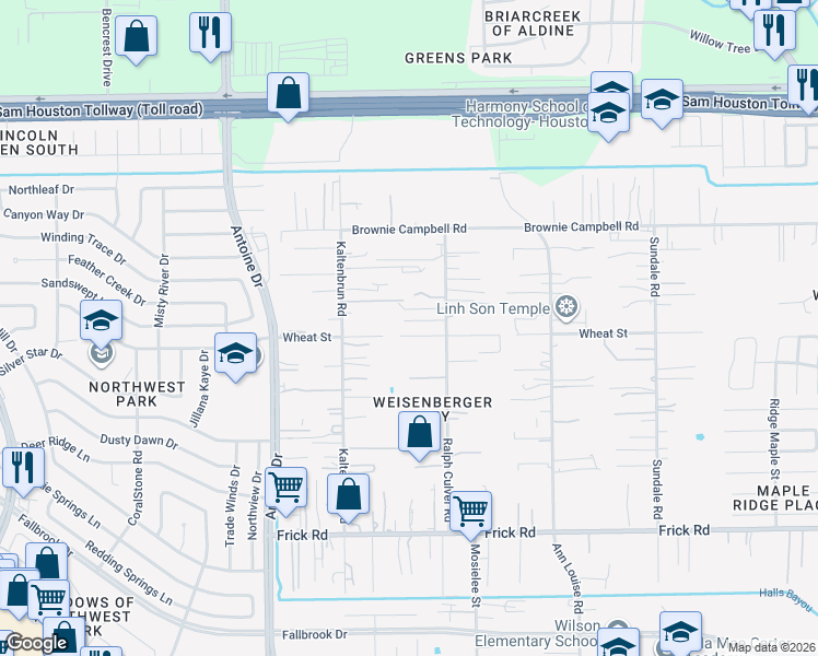 map of restaurants, bars, coffee shops, grocery stores, and more near 3312 Wheat Street in Houston