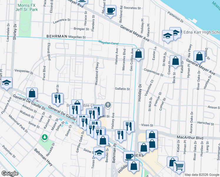 map of restaurants, bars, coffee shops, grocery stores, and more near 3690 Vespasian Boulevard in New Orleans