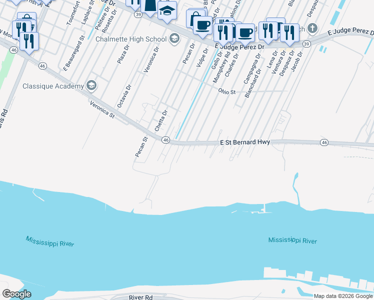 map of restaurants, bars, coffee shops, grocery stores, and more near 1913 Ree Street in Chalmette