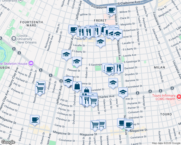 map of restaurants, bars, coffee shops, grocery stores, and more near 1918 Upperline Street in New Orleans