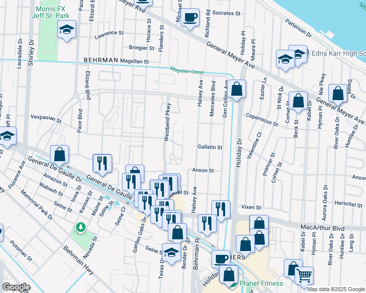 map of restaurants, bars, coffee shops, grocery stores, and more near 2205 Cobblestone Lane in New Orleans