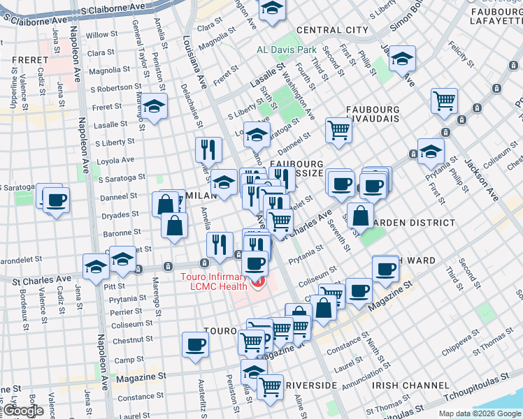 map of restaurants, bars, coffee shops, grocery stores, and more near in New Orleans