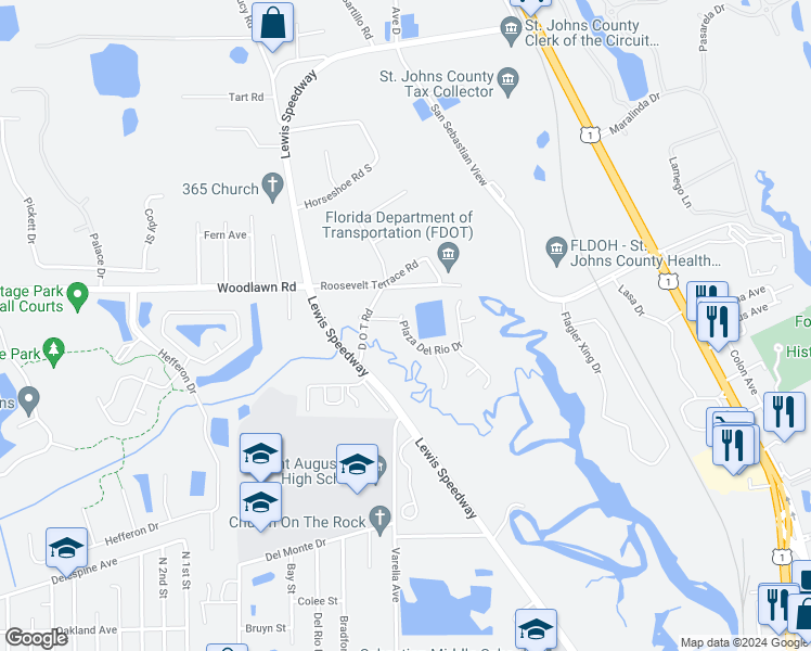 map of restaurants, bars, coffee shops, grocery stores, and more near 128 Plaza Del Rio Drive in St. Augustine