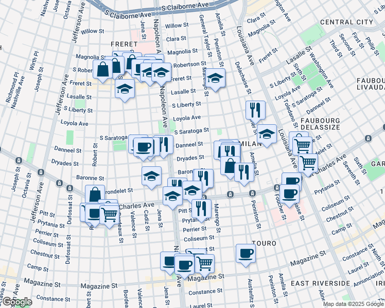 map of restaurants, bars, coffee shops, grocery stores, and more near 4220 Dryades Street in New Orleans