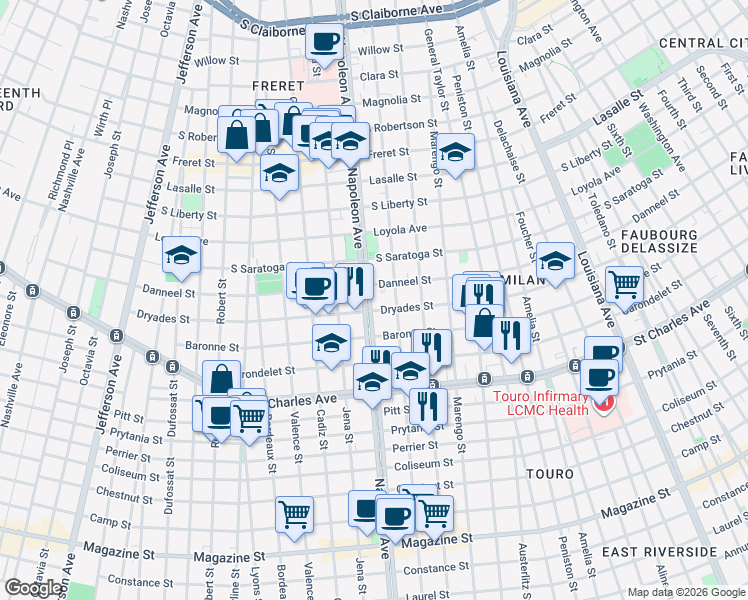 map of restaurants, bars, coffee shops, grocery stores, and more near 1835 Napoleon Avenue in New Orleans