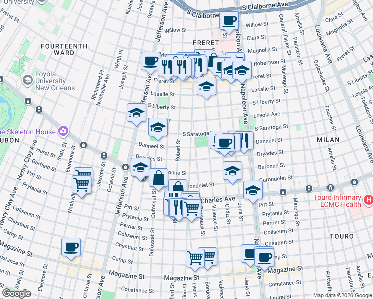 map of restaurants, bars, coffee shops, grocery stores, and more near 1918 Upperline Street in New Orleans
