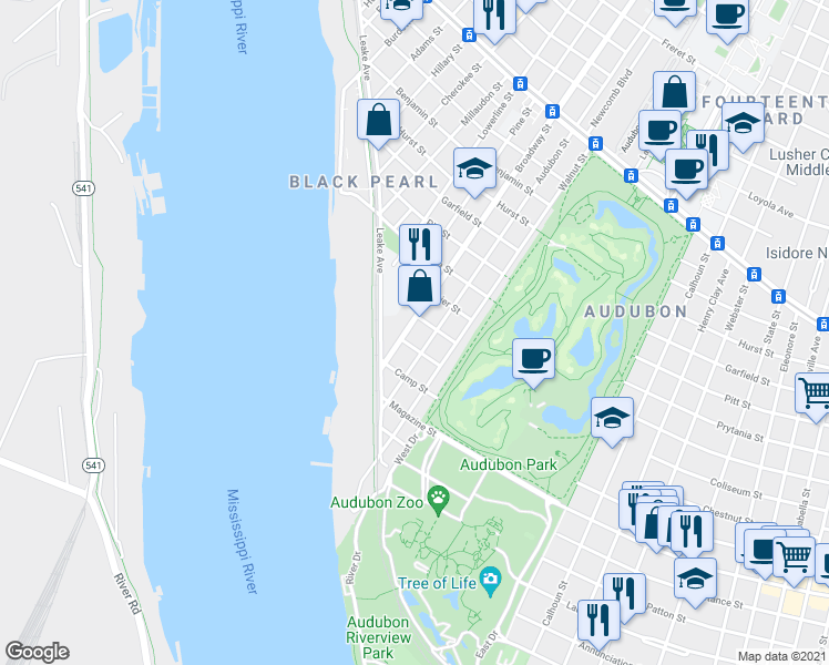 map of restaurants, bars, coffee shops, grocery stores, and more near 274 Audubon Street in New Orleans