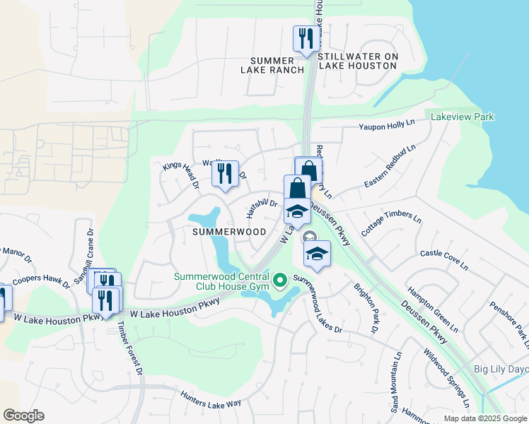 map of restaurants, bars, coffee shops, grocery stores, and more near 14322 Hartshill Drive in Houston