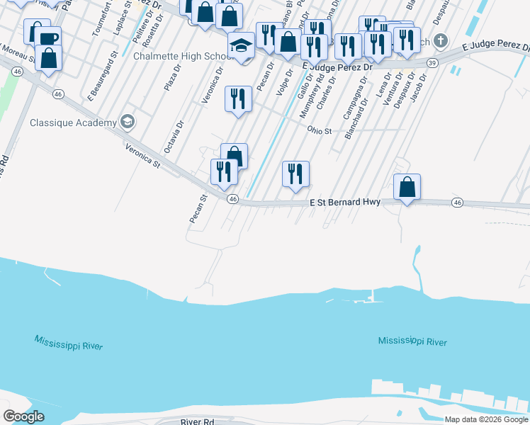 map of restaurants, bars, coffee shops, grocery stores, and more near 1913 Ree Street in Chalmette