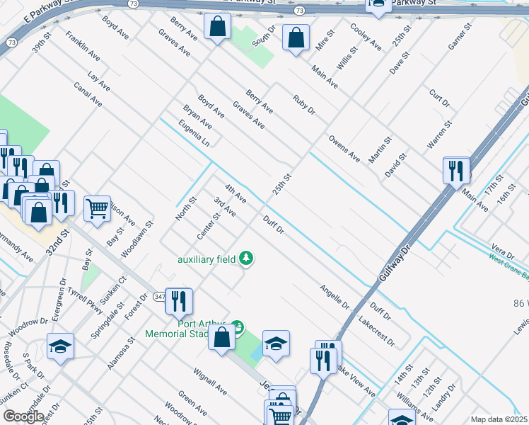 map of restaurants, bars, coffee shops, grocery stores, and more near 2500 Duff Drive in Port Arthur