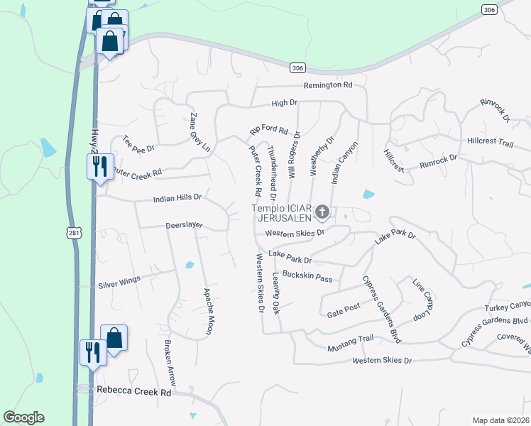map of restaurants, bars, coffee shops, grocery stores, and more near 136 Tom Lea Drive in Spring Branch