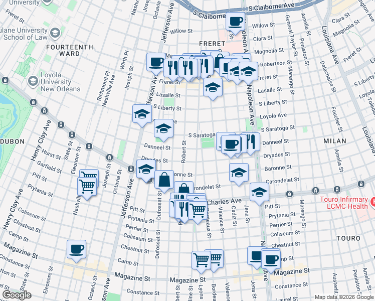 map of restaurants, bars, coffee shops, grocery stores, and more near 1918 Upperline Street in New Orleans
