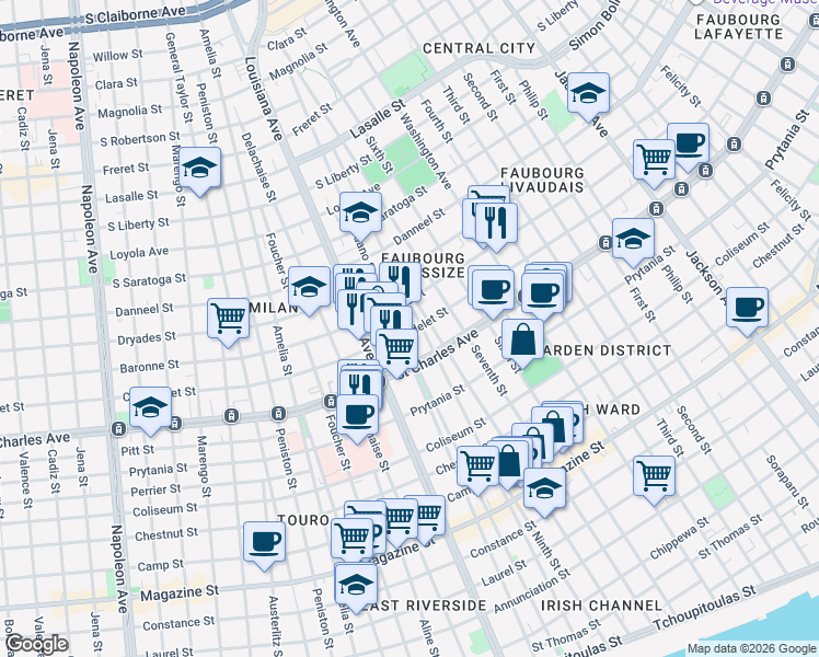 map of restaurants, bars, coffee shops, grocery stores, and more near in New Orleans