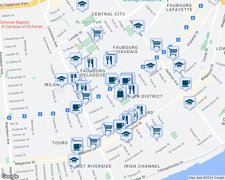 map of restaurants, bars, coffee shops, grocery stores, and more near 1545 Sixth Street in New Orleans