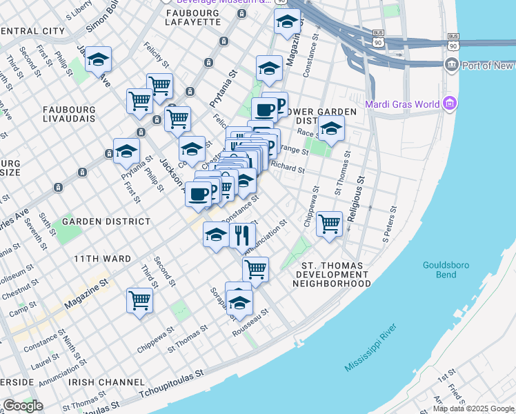 map of restaurants, bars, coffee shops, grocery stores, and more near 925 Saint Andrew Street in New Orleans