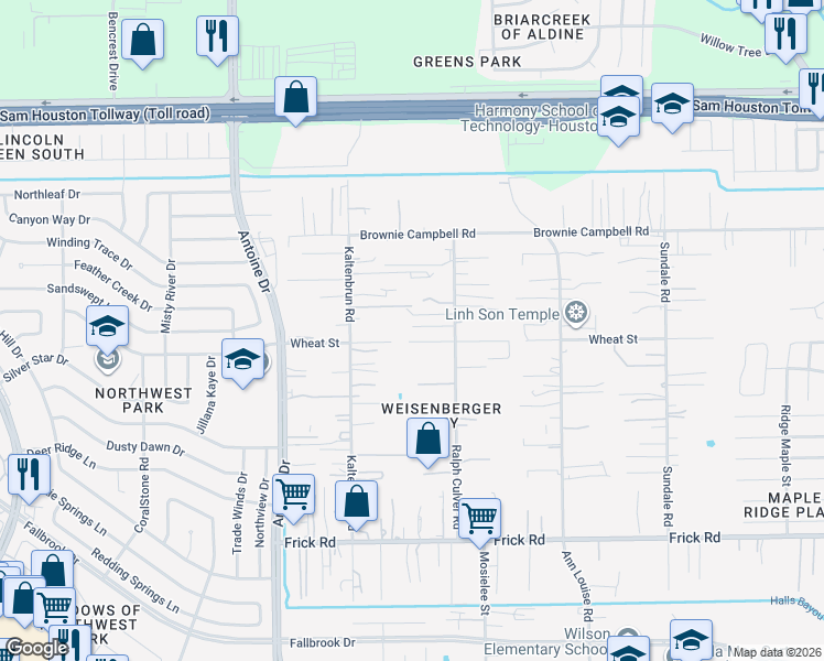 map of restaurants, bars, coffee shops, grocery stores, and more near 3312 Wheat Street in Houston