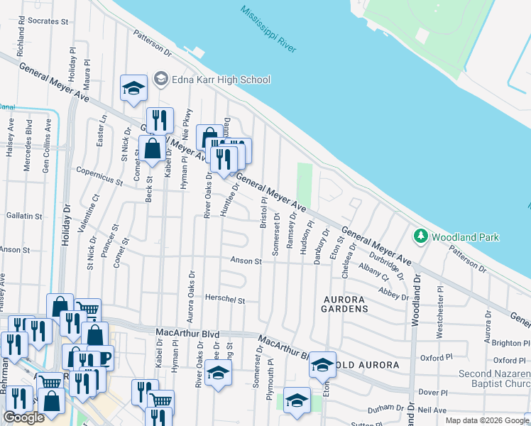 map of restaurants, bars, coffee shops, grocery stores, and more near 2328 Bristol Place in New Orleans