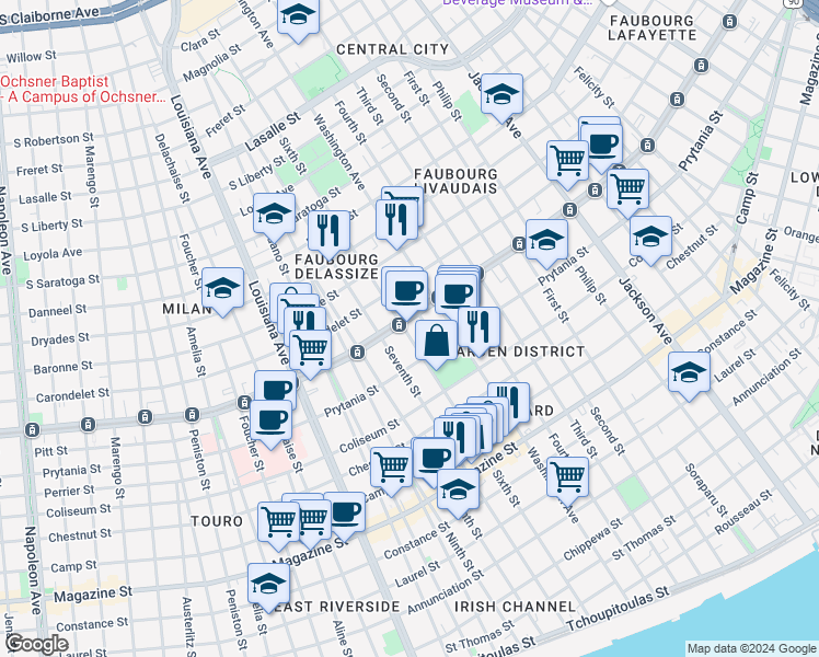 map of restaurants, bars, coffee shops, grocery stores, and more near 1530 Sixth Street in New Orleans