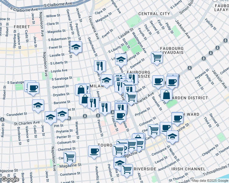 map of restaurants, bars, coffee shops, grocery stores, and more near 1725 Delachaise Street in New Orleans