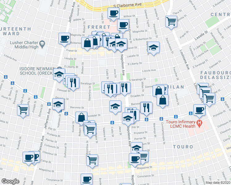 map of restaurants, bars, coffee shops, grocery stores, and more near 4439 Dryades Street in New Orleans