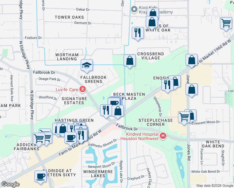 map of restaurants, bars, coffee shops, grocery stores, and more near 10730 Glenora Drive in Houston