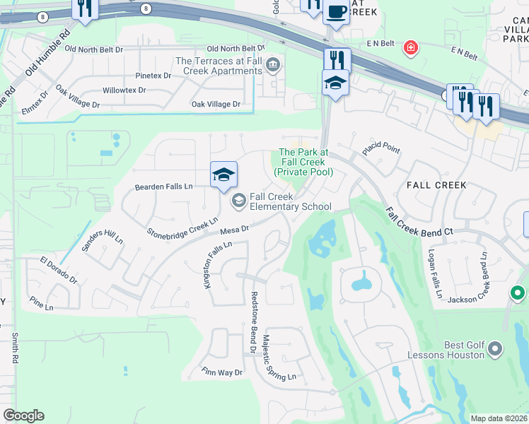 map of restaurants, bars, coffee shops, grocery stores, and more near 7610 Tyler Creek Lane in Humble