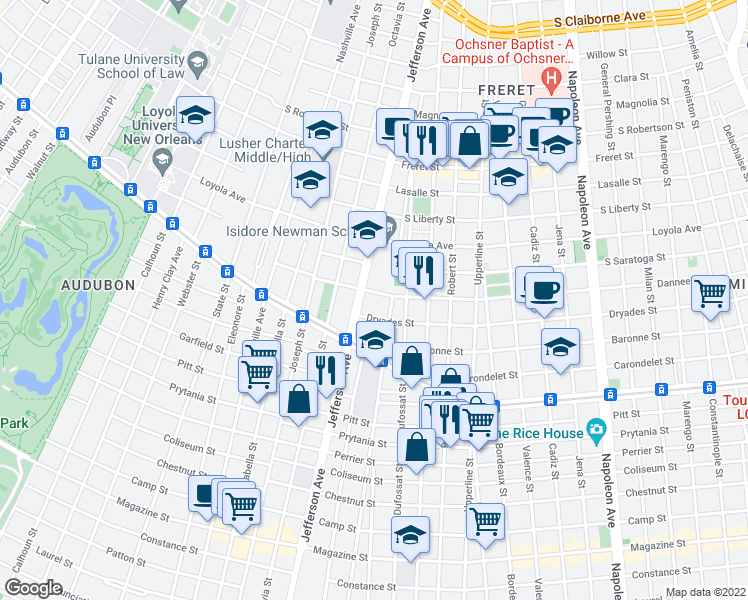 map of restaurants, bars, coffee shops, grocery stores, and more near 5330 Danneel Street in New Orleans