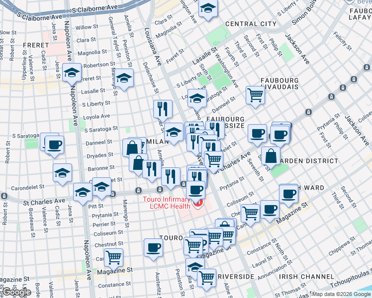 map of restaurants, bars, coffee shops, grocery stores, and more near 1725 Delachaise Street in New Orleans
