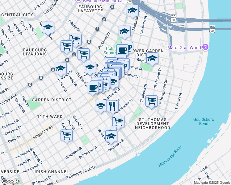 map of restaurants, bars, coffee shops, grocery stores, and more near 2001 Laurel Street in New Orleans