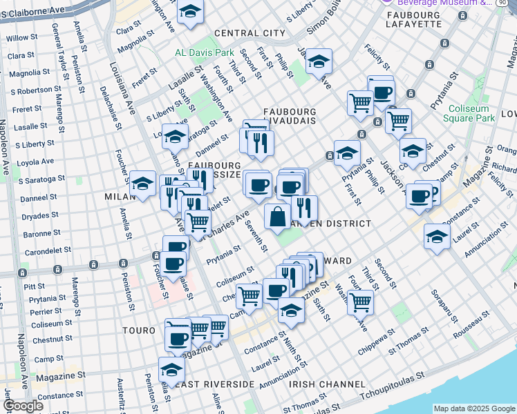 map of restaurants, bars, coffee shops, grocery stores, and more near 1530 Sixth Street in New Orleans