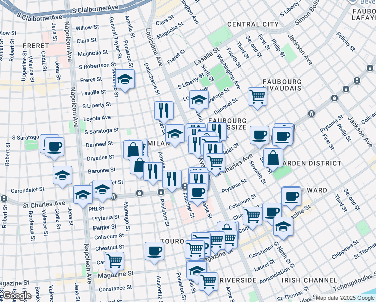 map of restaurants, bars, coffee shops, grocery stores, and more near 1725 Delachaise Street in New Orleans