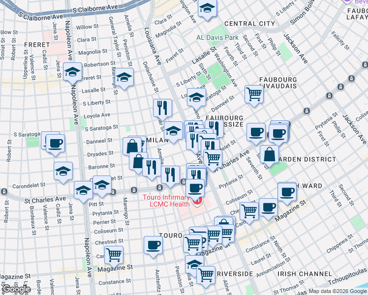 map of restaurants, bars, coffee shops, grocery stores, and more near 1725 Delachaise Street in New Orleans
