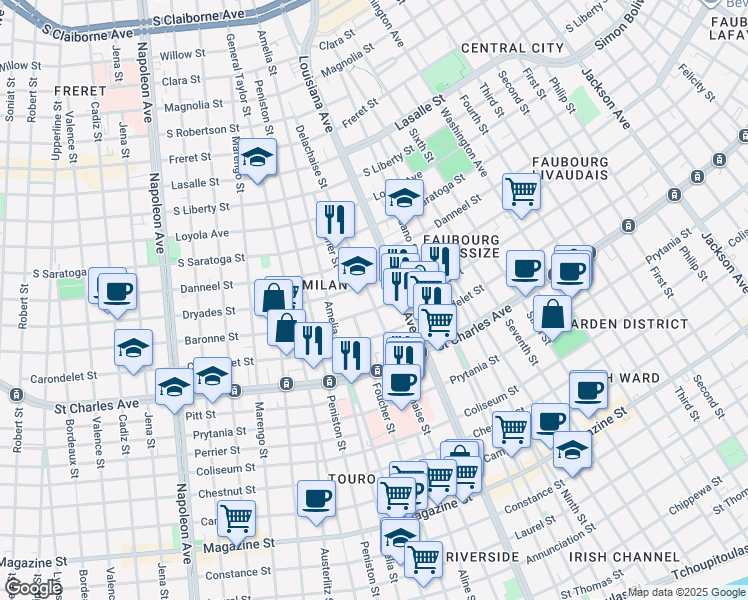 map of restaurants, bars, coffee shops, grocery stores, and more near 1725 Delachaise Street in New Orleans