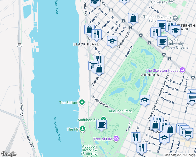 map of restaurants, bars, coffee shops, grocery stores, and more near 274 Audubon Street in New Orleans