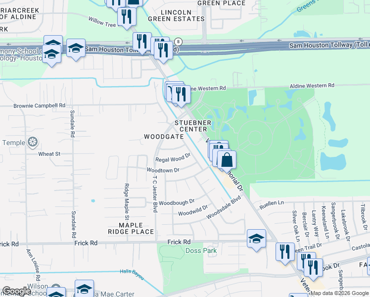 map of restaurants, bars, coffee shops, grocery stores, and more near 2418 Regal Wood Drive in Houston