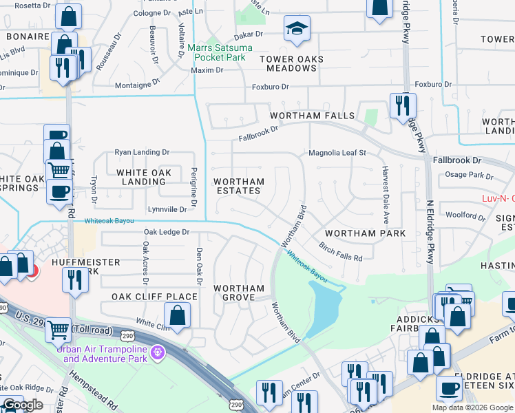 map of restaurants, bars, coffee shops, grocery stores, and more near 10926 Tulip Garden Court in Houston