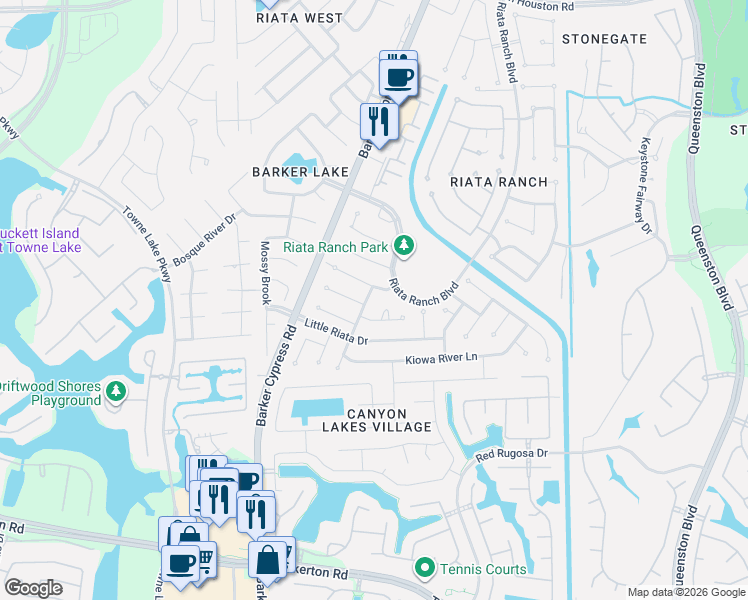 map of restaurants, bars, coffee shops, grocery stores, and more near 17502 Golden Glade Lane in Houston
