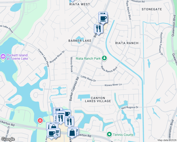 map of restaurants, bars, coffee shops, grocery stores, and more near 17523 Golden Glade Lane in Houston