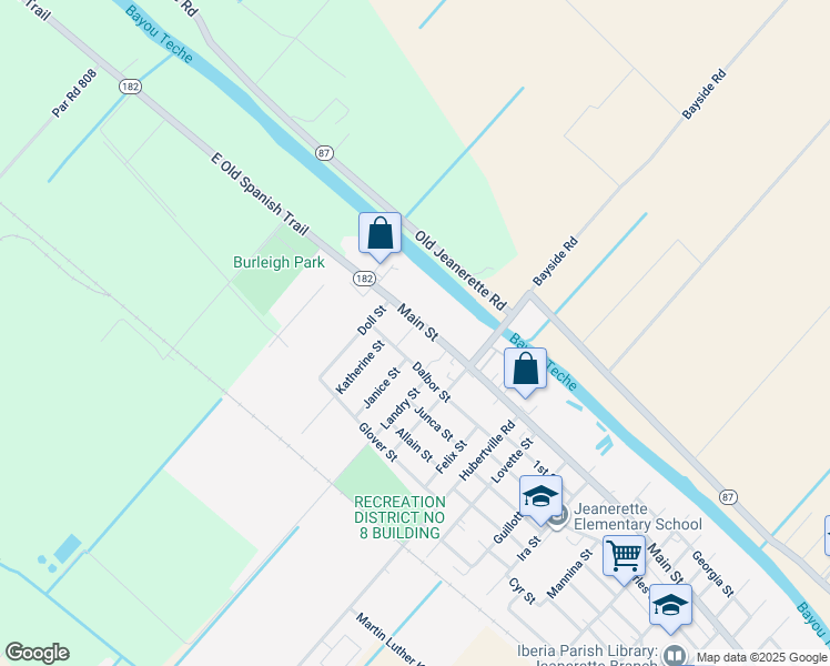 map of restaurants, bars, coffee shops, grocery stores, and more near 2906 Dalbor Street in Jeanerette