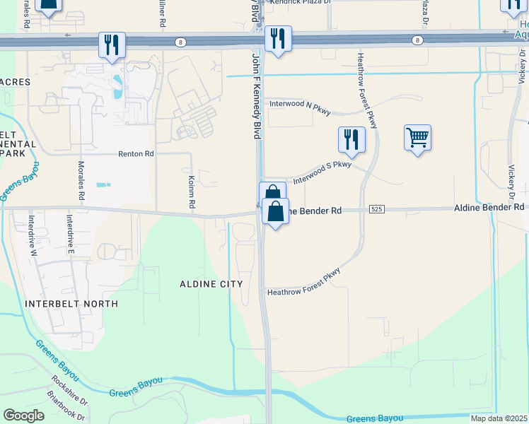 map of restaurants, bars, coffee shops, grocery stores, and more near 4015 Aldine Bender Road in Houston