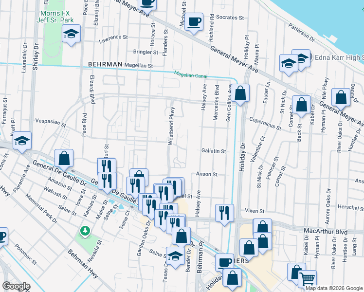 map of restaurants, bars, coffee shops, grocery stores, and more near 2200 Westbend Parkway in New Orleans